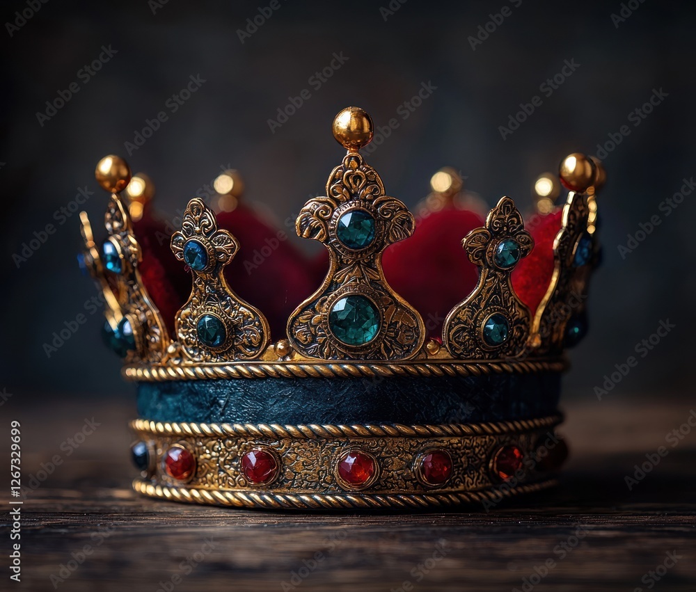 Ornate Jewel Encrusted Royal Crown Rests On Wood Ornate Jewel Encrusted Royal Crown Rests On Wood