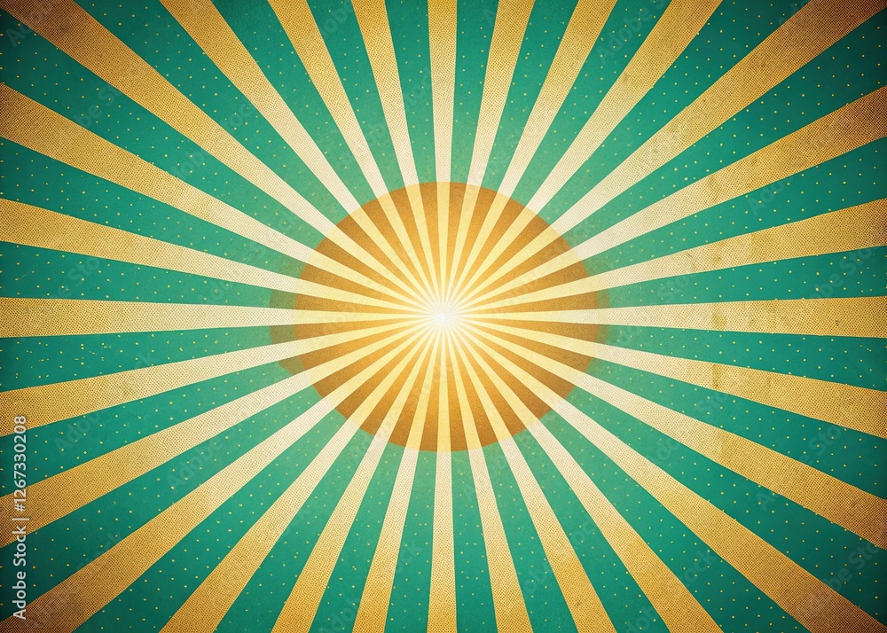 Obraz premium Vibrant Retro Sunburst Background: Golden Rays on Teal - Perfect for Vintage Designs