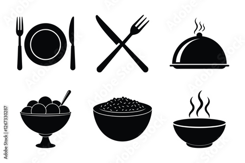Black and White Icons Collection of Dinnerware, Food Dishes, and Table Service