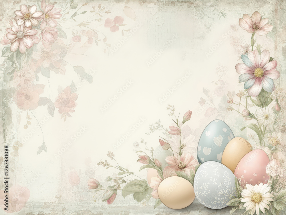 Fototapeta premium Minimalist Easter background with florals and eggs, vintage pastels, seasonal holiday card design