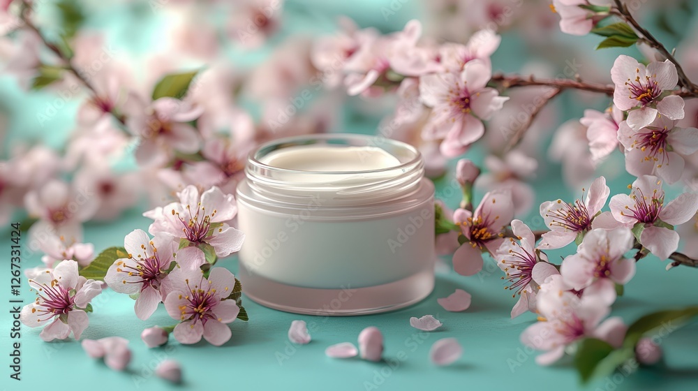 Cream jar surrounded by blossoming cherry blossoms on mint green surface Cream jar surrounded by blossoming cherry blossoms on mint green surface