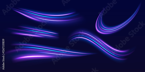 Speed police line set. Laser beams, horizontal light rays. Magic shining neon light line trails. Purple glowing wave swirl, impulse cable lines. High speed effect motion blur night lights