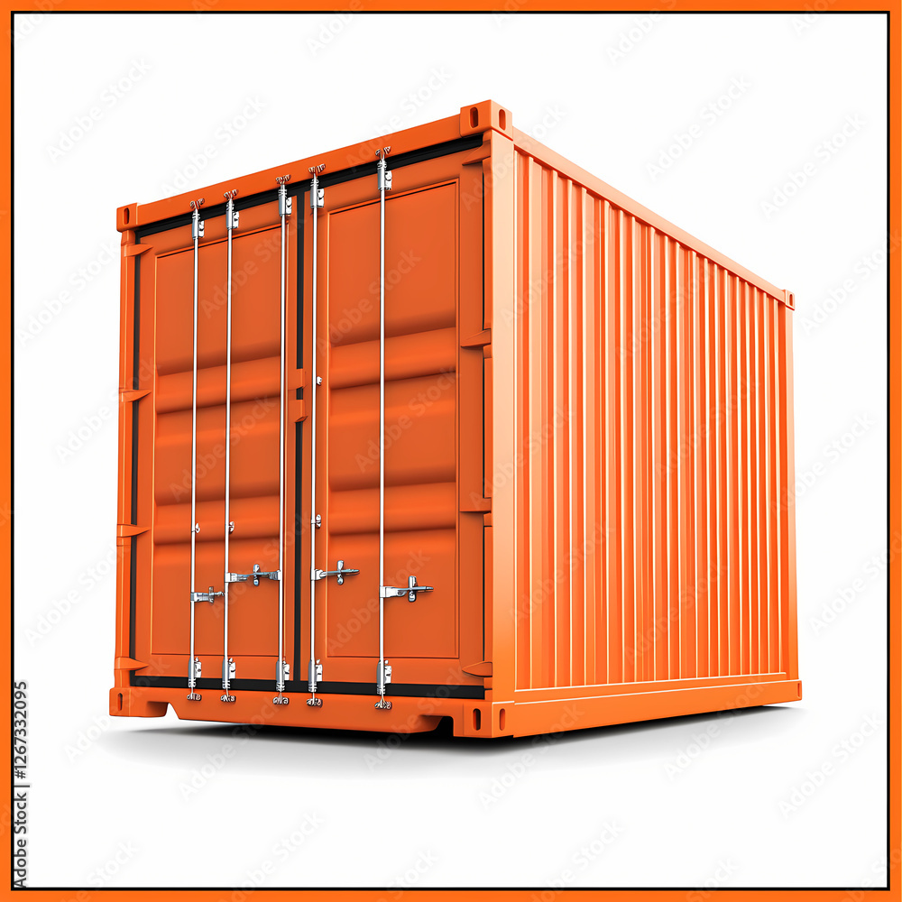 Bright orange shipping container positioned for transport in a warehouse. Generative AI Bright orange shipping container positioned for transport in a warehouse. Generative AI