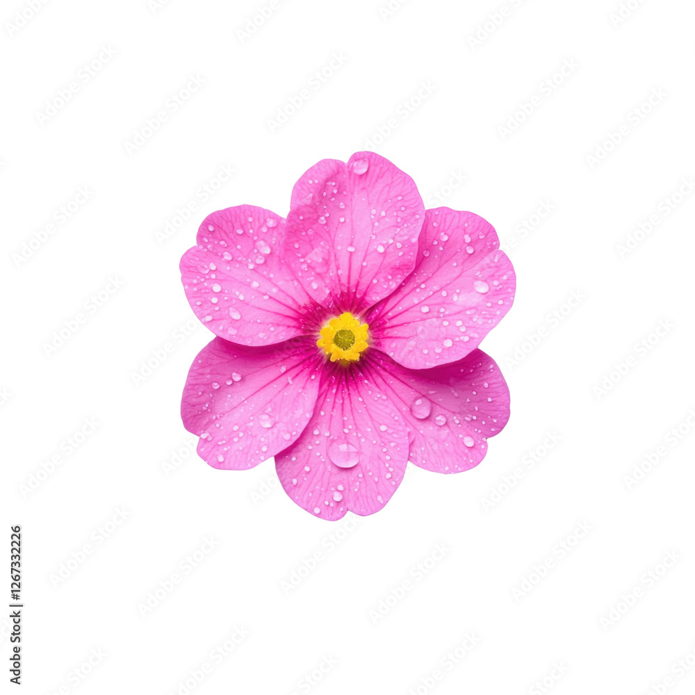 Obraz premium Vibrant Pink Flower with Dew Drops on Petals Against a Solid Background, Perfect for Nature and Floral Theme Designs
