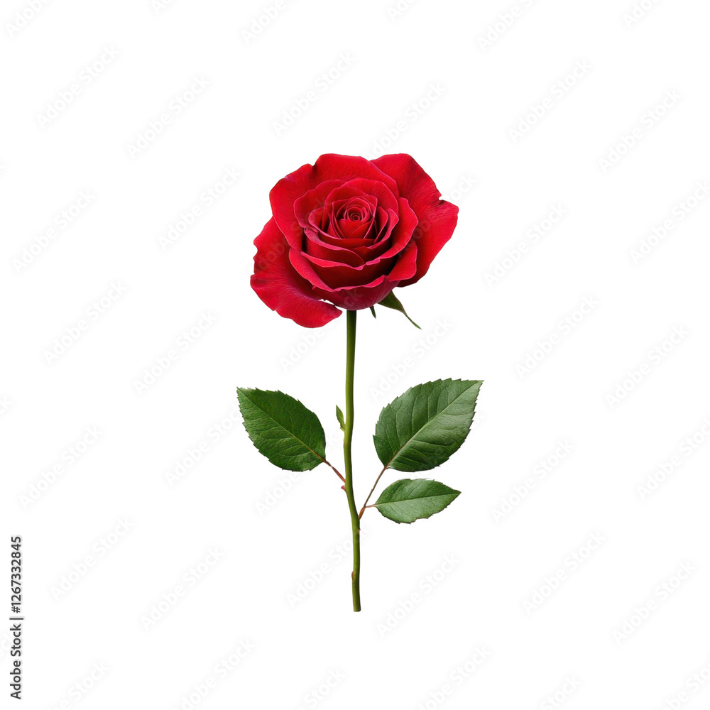 Beautiful Red Rose with Green Leaves on a Stem Isolated on White Background for Romantic, Floral, and Nature-Themed Designs and Illustrations Beautiful Red Rose with Green Leaves on a Stem Isolated on White Background for Romantic, Floral, and Nature-Themed Designs and Illustrations