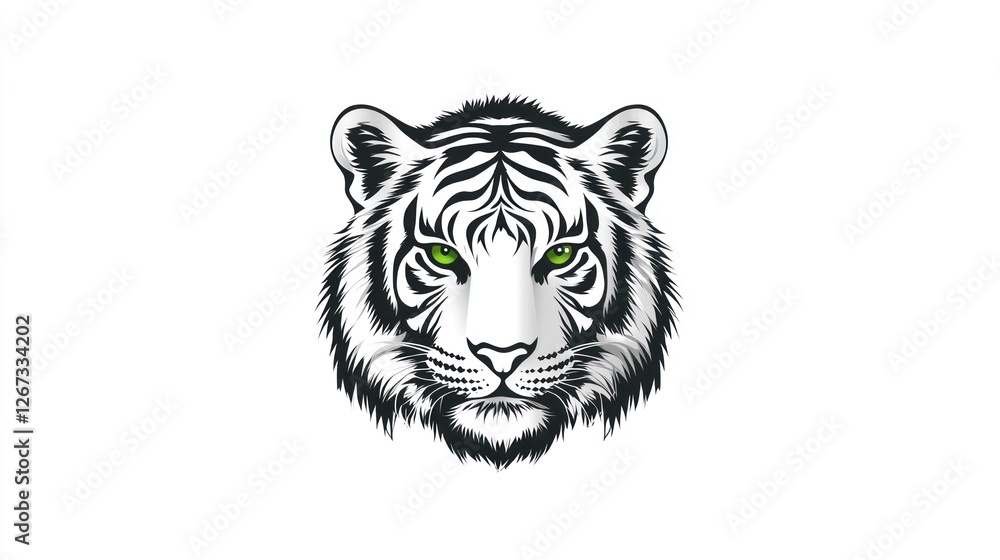 Fototapeta premium Vector illustration of the head of a white tiger with green eyes, facing forward. Decorative use