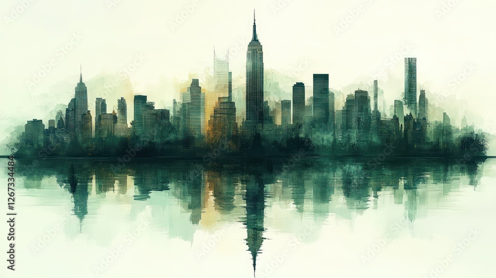 Fototapeta premium Misty New York City skyline reflection, urban landscape, peaceful morning, website banner