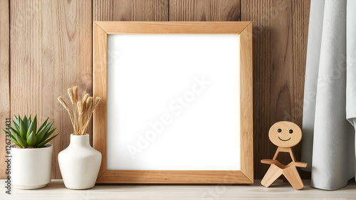 Realistic border wooden rectangular natural frame with shadow. Empty wooden frame boarder for presentations