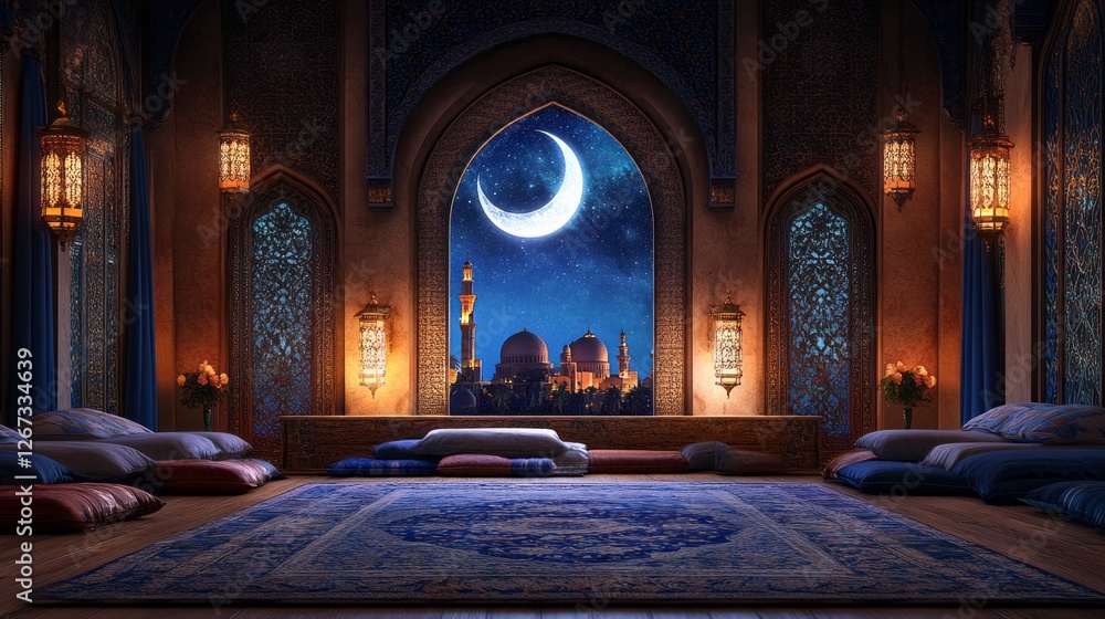 Obraz premium Soft cushions adorn the spacious Islamic prayer room, enhancing the peaceful atmosphere of Ramadan. A stunning crescent moon shines through ornate windows, illuminating the tranquil space