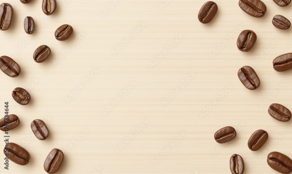 Close-up view of scattered coffee beans on a light wooden surface with a blank center for text