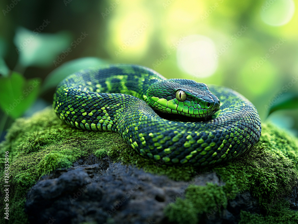Fototapeta premium Green snake resting on moss in a forest setting