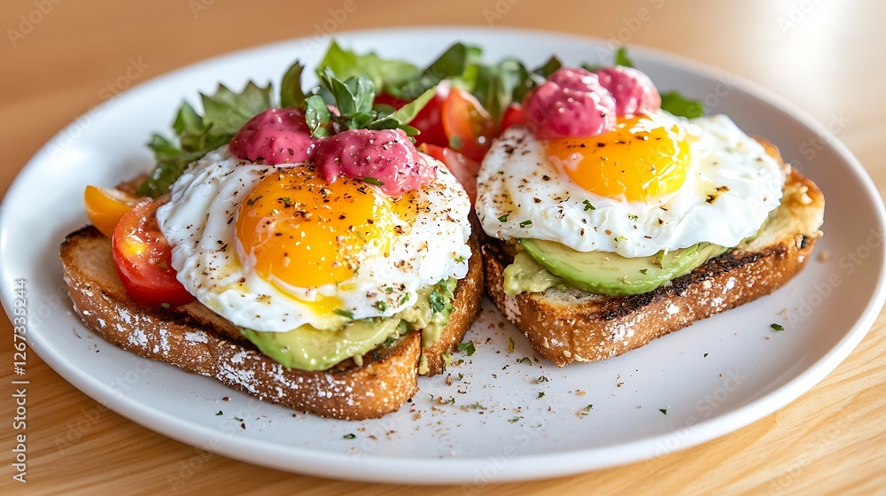 Avocado Toast with Fried Eggs and Greens on White Plate Breakfast Platter featuring Colorful Toppings Delicious Meal on Light Wooden Table Surface Avocado Toast with Fried Eggs and Greens on White Plate Breakfast Platter featuring Colorful Toppings Delicious Meal on Light Wooden Table Surface