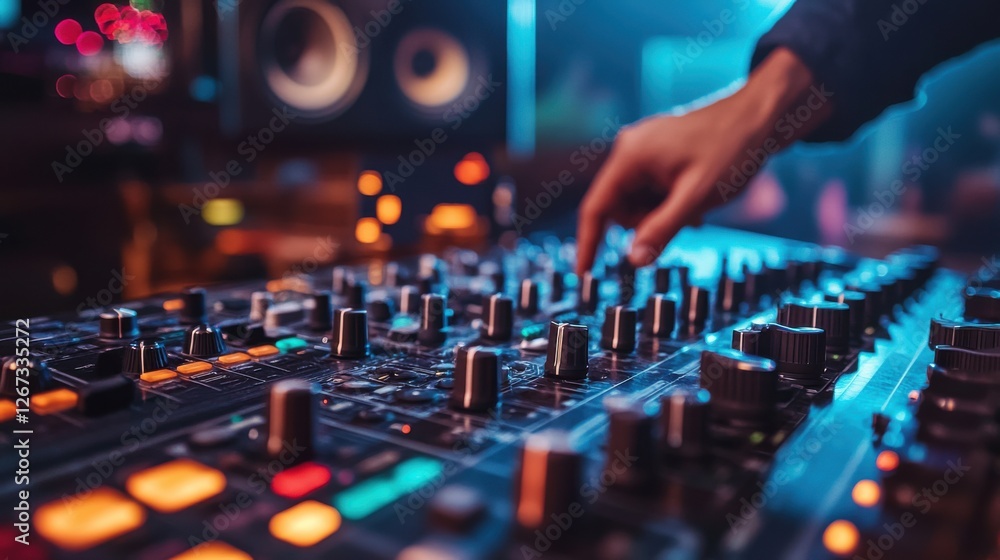 Audio specialist working in a control room, optimizing music tracks with digital tools Audio specialist working in a control room, optimizing music tracks with digital tools