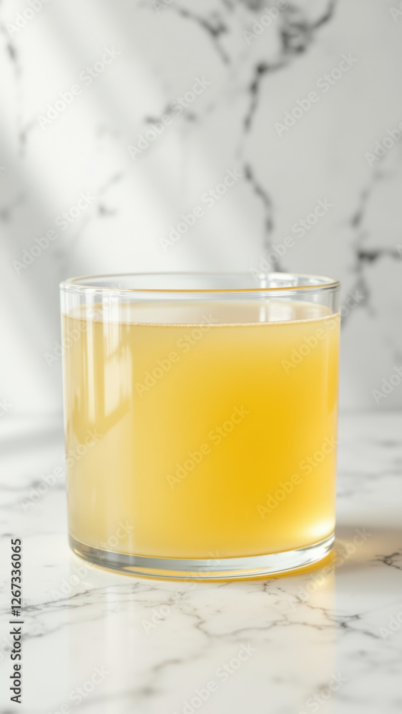 A glass filled with a frothy yellow liquid, possibly beef tallow, on a marble countertop with blurred background for focus. A glass filled with a frothy yellow liquid, possibly beef tallow, on a marble countertop with blurred background for focus.