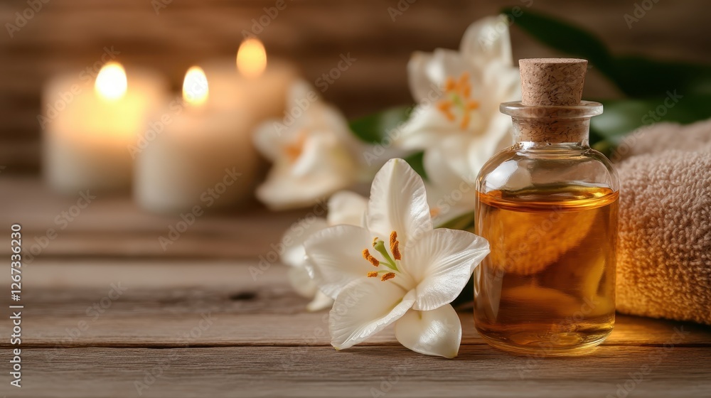 Aesthetic presentation of an aromatic oil bottle, complemented by elegant white lilies and glowing candles, setting a peaceful ambiance perfect for relaxation and self-care. Aesthetic presentation of an aromatic oil bottle, complemented by elegant white lilies and glowing candles, setting a peaceful ambiance perfect for relaxation and self-care.