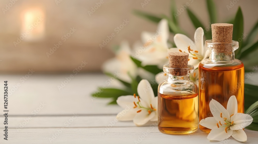 Two exquisite glass bottles filled with fragrant oil are surrounded by lovely white blossoms, evoking a sense of charm and serenity ideal for home decor and self-care rituals. Two exquisite glass bottles filled with fragrant oil are surrounded by lovely white blossoms, evoking a sense of charm and serenity ideal for home decor and self-care rituals.