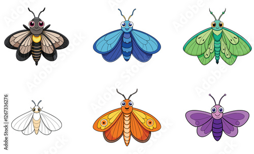 Moth with various color vector art set design on white background