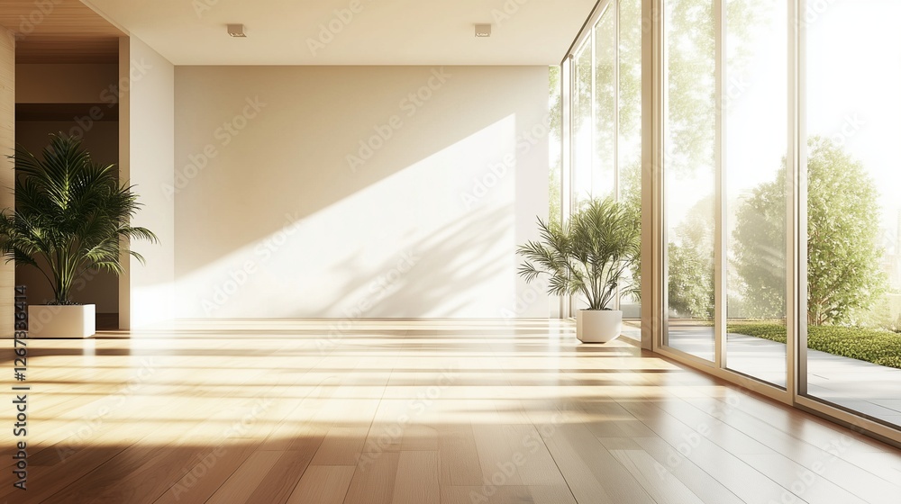 Fototapeta premium Empty room with sunlight shining through the windows. Room with a wooden floor and a wooden floor rendering. A large white wall with white interiors and a large floor. Lifestyle vacant space.