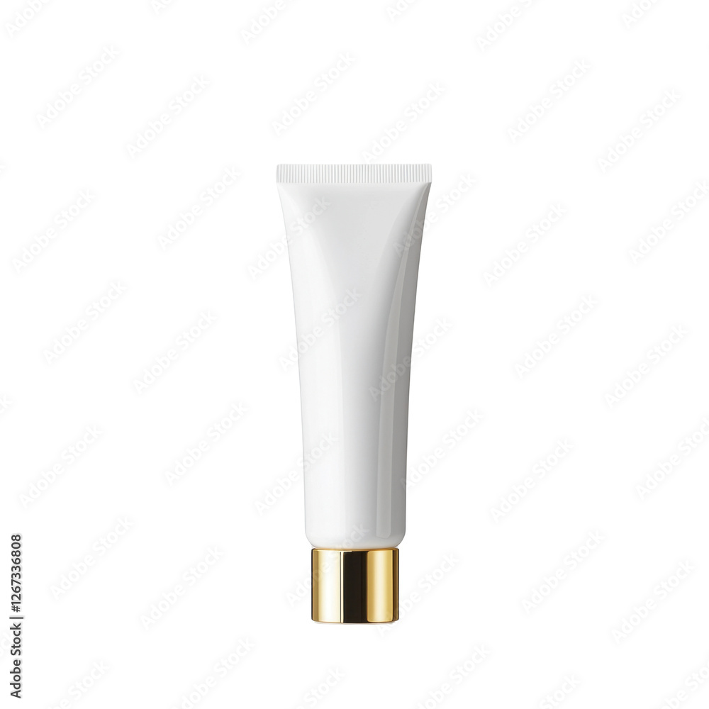 Elegant white cosmetic tube with gold cap on plain background showcasing minimalist design for skincare or beauty products photography Elegant white cosmetic tube with gold cap on plain background showcasing minimalist design for skincare or beauty products photography