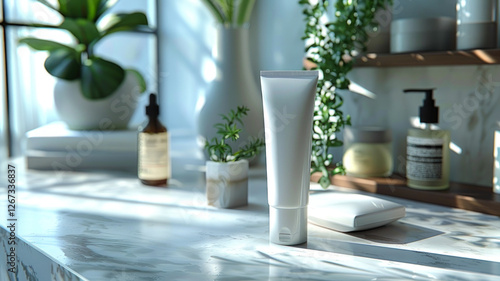Minimalist Skincare Product on Elegant Bathroom Counter  
