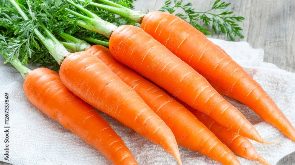 Fresh Orange Carrots with Green Tops on White Cloth Fresh Orange Carrots with Green Tops on White Cloth