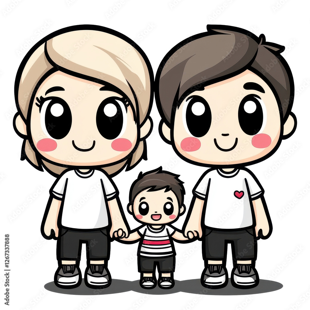 Happy Cartoon Family Holding Hands in Cute Illustrative Style Happy Cartoon Family Holding Hands in Cute Illustrative Style