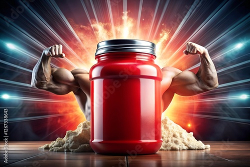 protein powder jar in bold red and white, symbolizing strength and energy. photo