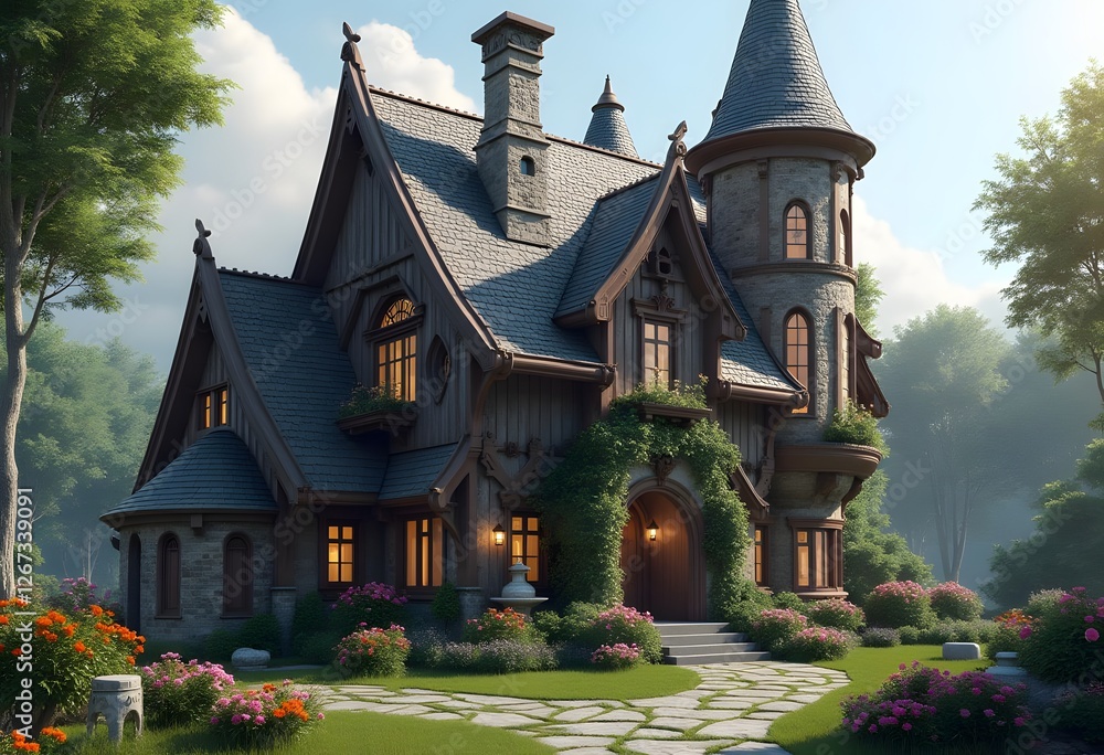 Fototapeta premium Very cozy house illustration. Yard at the house.Building and architecture. wooden house 