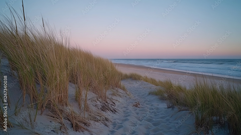 Early morning light casts a soft glow over a peaceful beach, where tall grass sways gently by the sandy path leading to calm waves and a serene horizon Early morning light casts a soft glow over a peaceful beach, where tall grass sways gently by the sandy path leading to calm waves and a serene horizon