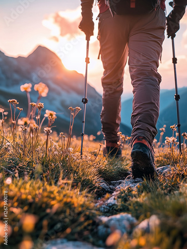 A close-up of the hiker's legs, holding trekking poles and wearing outdoor shoes, walking on grassy terrain.