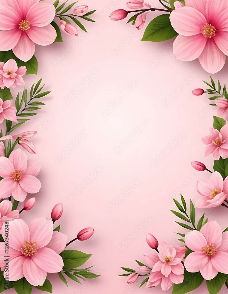 Fototapeta premium Delicate pink blossoms border on a soft pastel background creating a frame