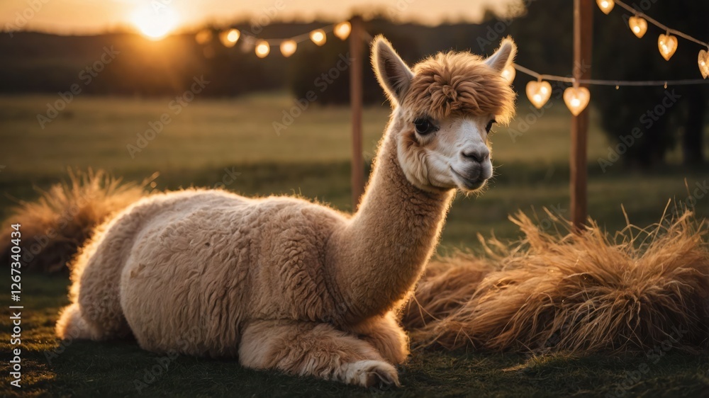 A relaxed alpaca lounging in a serene outdoor setting at sunset, with decorative lights. A relaxed alpaca lounging in a serene outdoor setting at sunset, with decorative lights.
