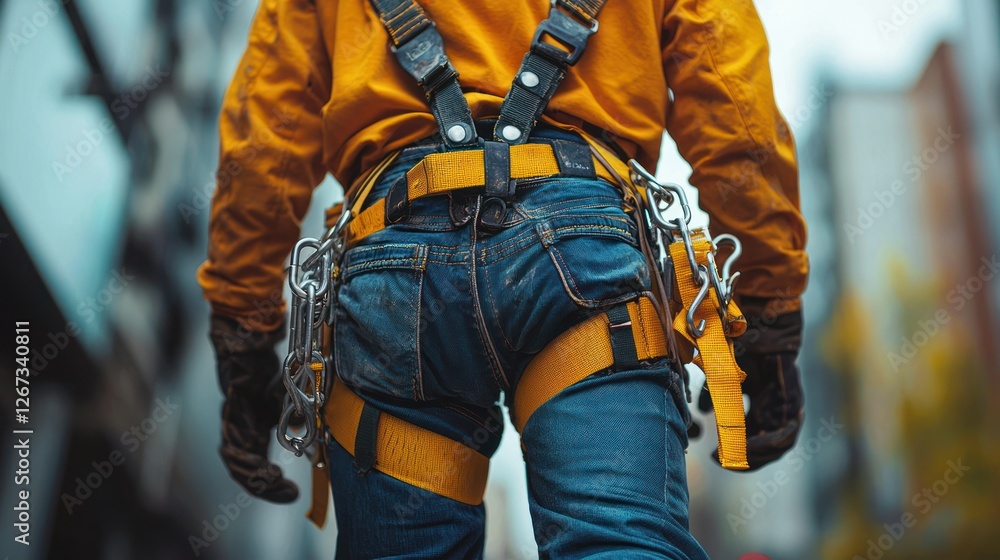 Construction worker in safety harness, urban background, security, safety equipment Construction worker in safety harness, urban background, security, safety equipment