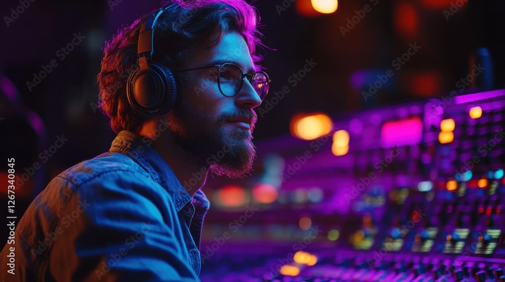 Audio specialist working in a control room, optimizing music tracks with digital tools Audio specialist working in a control room, optimizing music tracks with digital tools