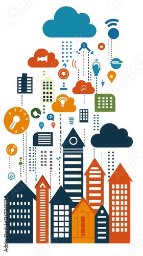 Corporate Management Globalization. A colorful illustration of urban buildings with various icons representing technology, communication, and cloud computing.