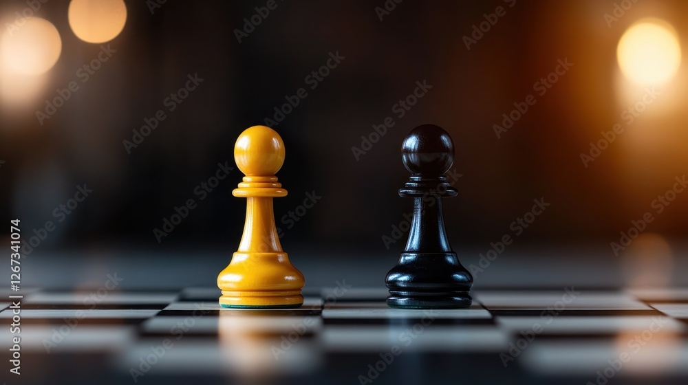 This image features striking yellow and black pawns poised on a chessboard, presenting an evocative moment of tension and anticipation in a timeless board game showdown. This image features striking yellow and black pawns poised on a chessboard, presenting an evocative moment of tension and anticipation in a timeless board game showdown.