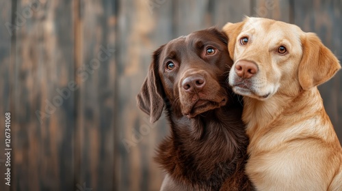 A stunning photograph of a chocolate and yellow labrador, nuzzling closely together, showcasing the bond and love shared between these two loyal companions. photo