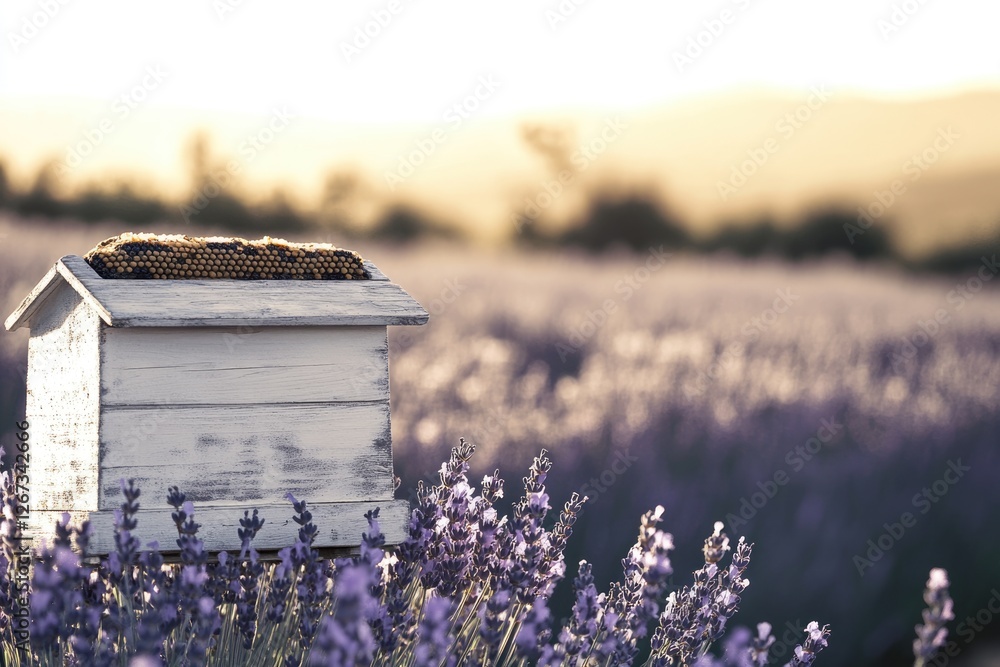 A rustic white beehive sits atop a lavender field at sunset, showcasing honeycombs. A rustic white beehive sits atop a lavender field at sunset, showcasing honeycombs.