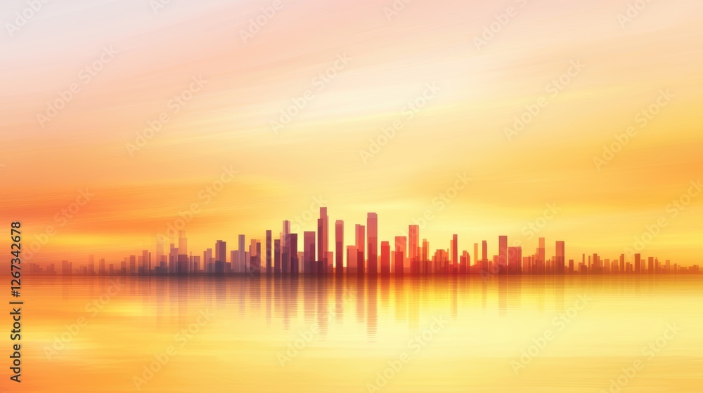 Fototapeta premium Modern City Skyline at Sunset with Reflection Over Water Surface