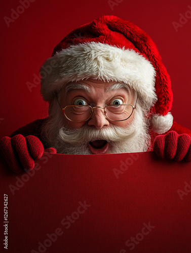 Excited Santa Claus smiling behind a red backdrop
