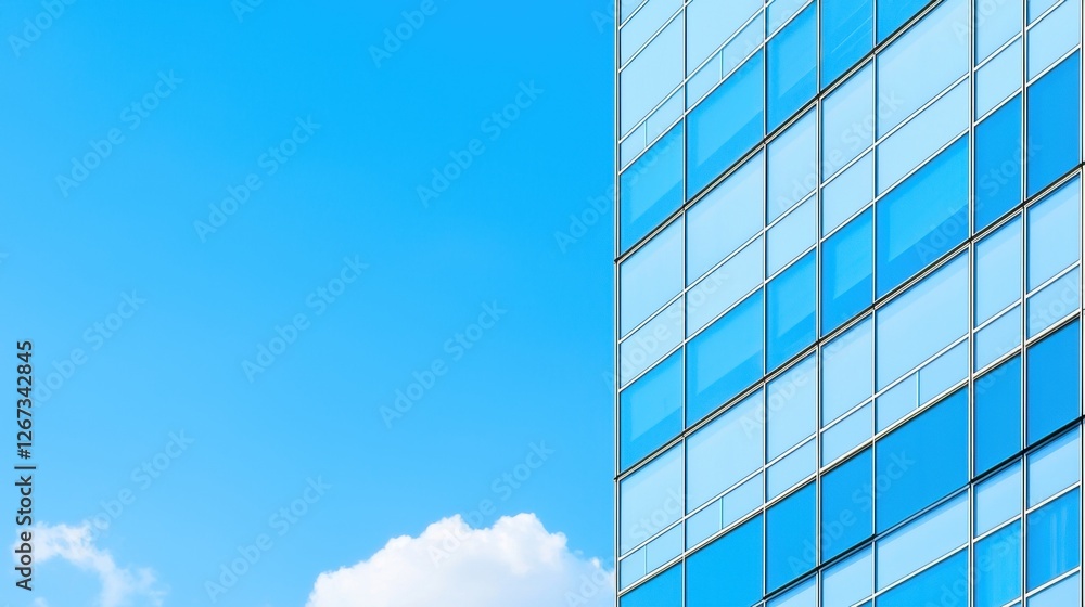 High-Tech Glass Building Reflecting Wind Turbine Against Clear Blue Sky High-Tech Glass Building Reflecting Wind Turbine Against Clear Blue Sky