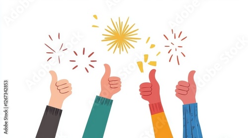 Human hands clapping and crowd of people applauding to congratulate success and job achievement. Business team celebrating with thumbs up gestures and cheering, fireworks in the background.