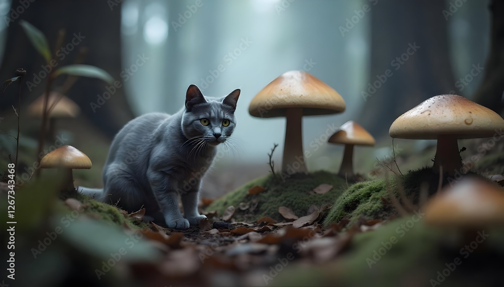 Enigmatic gray cat amidst whimsical mushrooms in enchanted forest scene Enigmatic gray cat amidst whimsical mushrooms in enchanted forest scene