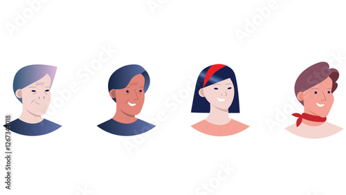 Diverse multinational adult people profile head characters vector illustration