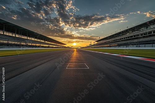 Obraz na płótnie Race Track Sunset: Asphalt, Grandstands, Golden Hour, Dramatic Sky, Racing, Speed, Competition, Adrenaline Rush, Victory Lane w salonie