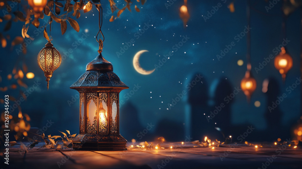 Festive lanterns cast a warm glow against a starry night sky as a crescent moon watches over the celebrations. The atmosphere is filled with serenity and joy, welcoming the holy month of Ramadan Festive lanterns cast a warm glow against a starry night sky as a crescent moon watches over the celebrations. The atmosphere is filled with serenity and joy, welcoming the holy month of Ramadan