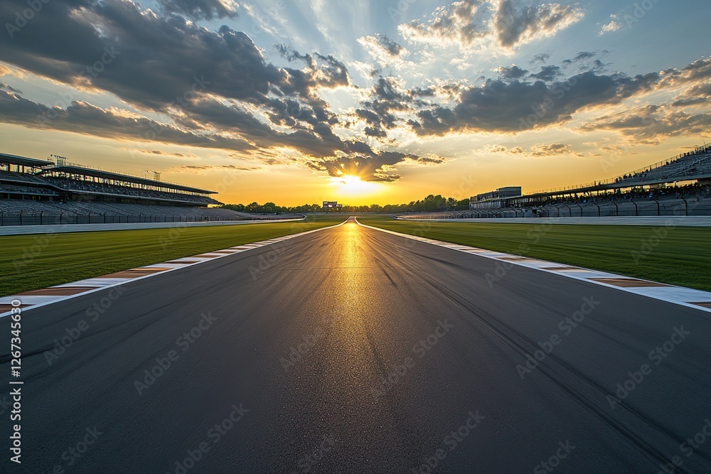 Fototapeta premium Race Track Sunset: Asphalt Road Leads to Golden Horizon at a Motor Speedway with Grandstands