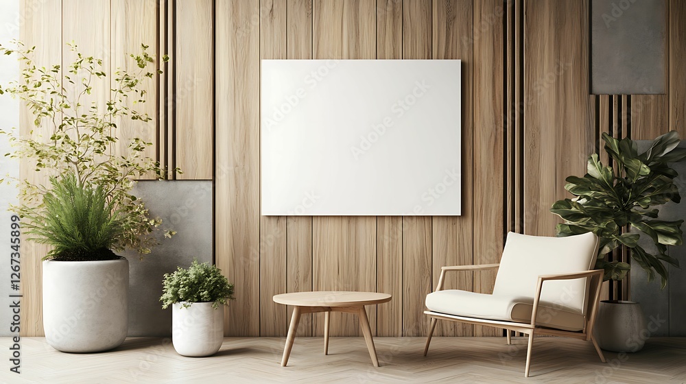 A serene interior featuring wooden walls, a minimalist chair, a small table, and lush greenery, creating a cozy and inviting atmosphere. A serene interior featuring wooden walls, a minimalist chair, a small table, and lush greenery, creating a cozy and inviting atmosphere.