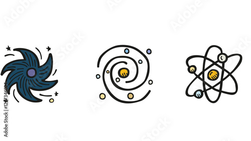 Galactic and solar system, space hand-drawn planets and elements vector illustration