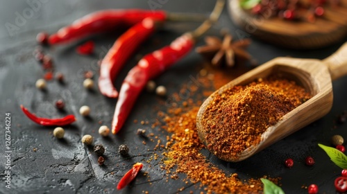 Fototapeta Naklejka Na Ścianę i Meble -  Chili Powder: A zesty blend of dried chili peppers and spices, commonly used to add heat and complexity to dishes, from soups and sauces to grilled meats.
